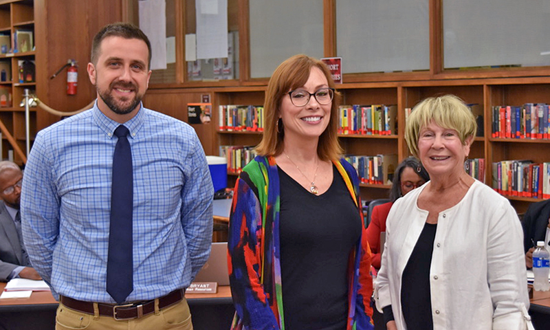 Three Homewood-Flossmoor High School winners of Those Who Excel honors are, from left, Matt Holdren, teacher; Nancy Spaniak, director of curriculum, development and professional development; and past District 233 board member Jody Scariano. (Provided photo)