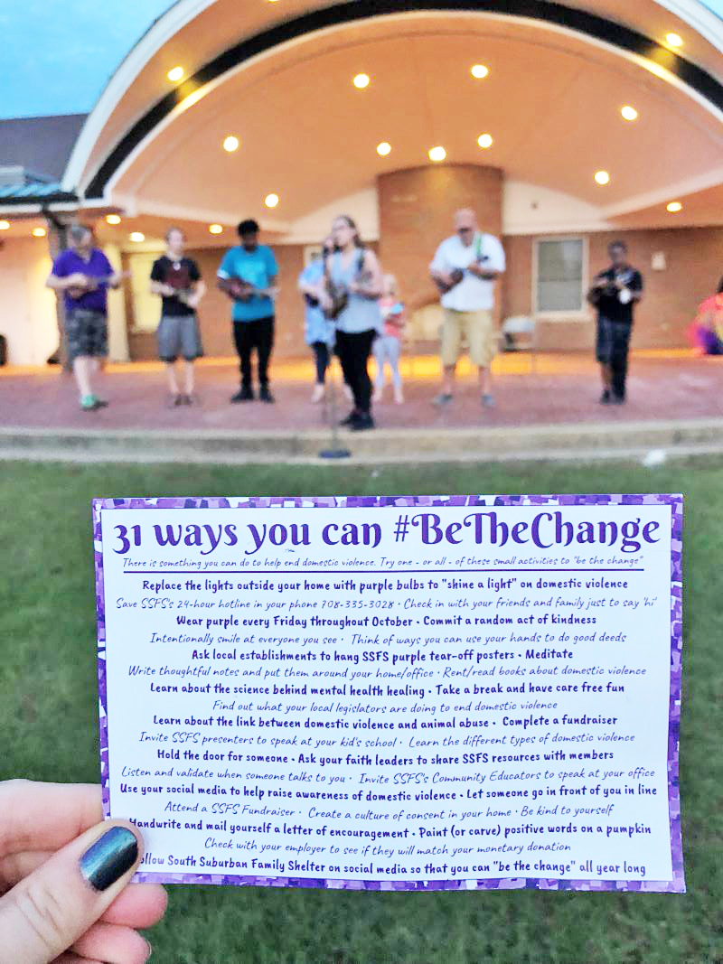 Be the Change cards created by South Suburban Family Shelter offer a suggestion for each day in October Domestic Violence Awareness Month. (Carole Sharwarko/H-F Chronicle)